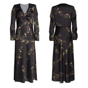 Lake Studio Satin Maxi Dress Sz 38 Black Floral Print V-neck Long Sleeves